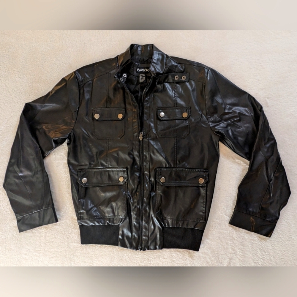 CARBON Women's Medium Biker Moto Black Full Zip Distressed Faux Leather Jacket